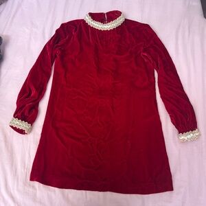 Vintage 60s Red Velvet Medieval Revival Mini Dress with Embroidered Accents